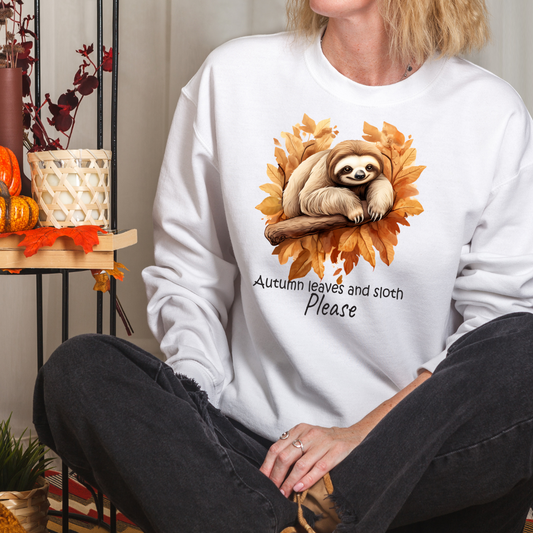 Autumn Leaves and Sloth Please Crewneck Pullover Sweatshirt